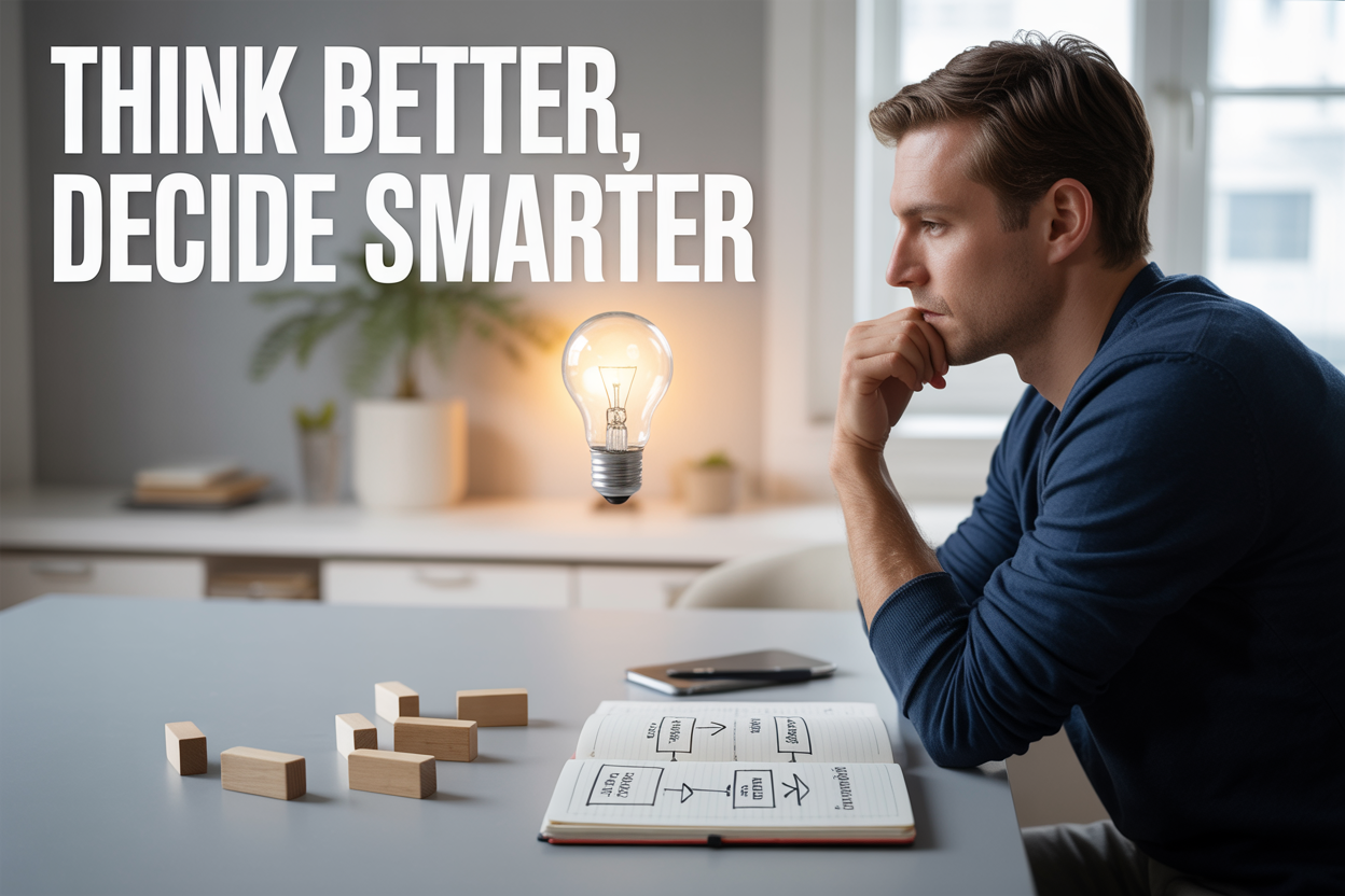 Create a realistic image of a calm and focused white male sitting at a clean modern desk, looking thoughtfully at a glowing lightbulb hovering above an open notebook filled with structured diagrams and decision flowcharts, with a few wooden blocks arranged in a decision-path pattern on the desk, soft warm natural lighting from a nearby window creating a productive and clarity-driven mood, a minimalist bright background with subtle bokeh, and bold white text overlay reading "Think Better, Decide Smarter" positioned at the top of the image.