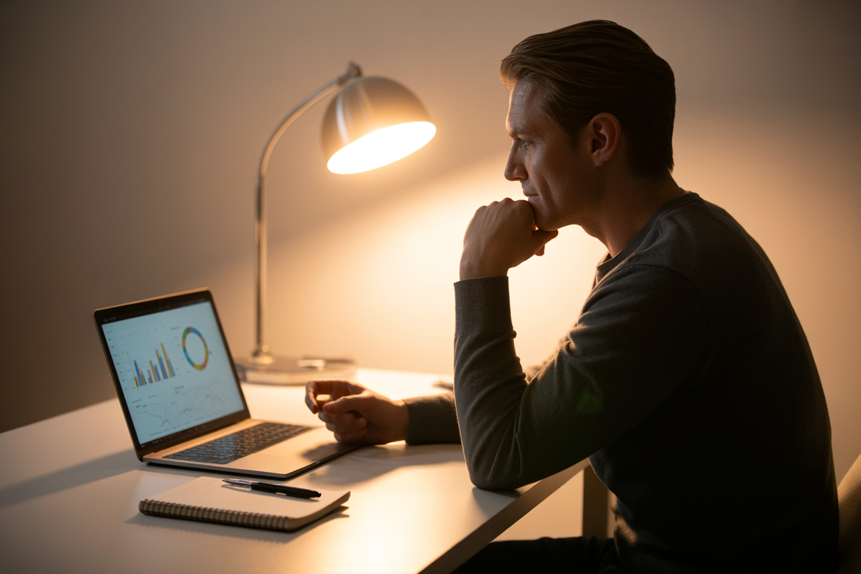 Create a realistic image of a confident white male sitting at a clean, modern desk, looking thoughtfully at a glowing laptop screen displaying colorful decision-making charts and diagrams, with a small notebook and pen beside him, bathed in warm, focused desk lamp light against a softly blurred neutral background, conveying a sense of clarity, purpose, and accomplishment, with a calm and empowering mood suggesting the successful conclusion of a decision-making journey. Absolutely NO text should be in the scene.
