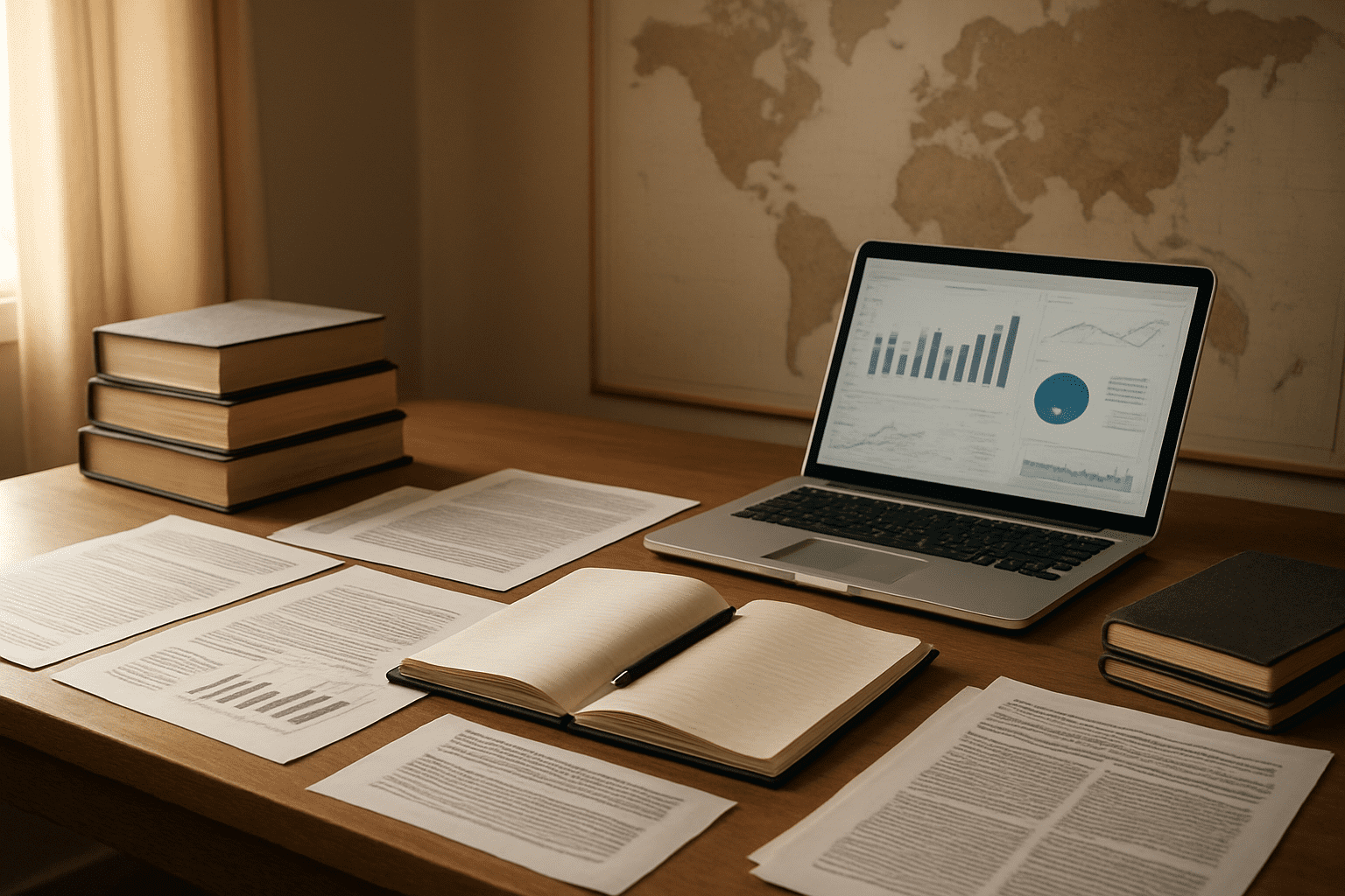 Create a realistic image of an organized desk workspace with stacked business books, open research documents, a laptop displaying charts and graphs, scattered printed articles about international trade, a world map in the background, reference materials and notebooks with bookmarks, warm natural lighting from a window, professional and studious atmosphere. Absolutely NO text should be in the scene.