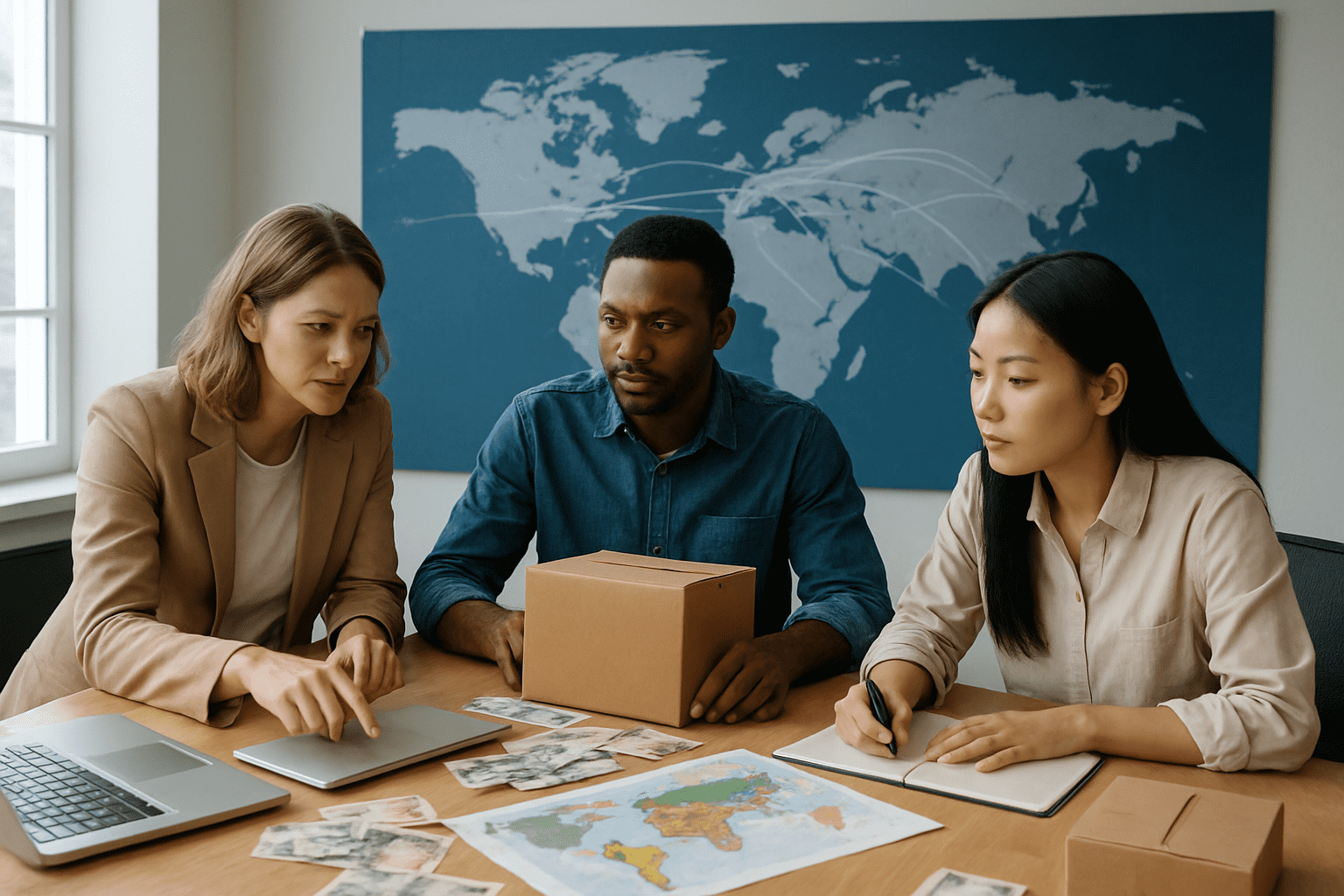 Create a realistic image of a diverse group of small business owners working together at a modern office table covered with laptops, shipping boxes, world maps, and international currency notes, with a large world map on the wall behind them showing connected shipping routes and trade lanes, while they collaborate to solve logistics challenges with determined and focused expressions in bright, professional lighting that conveys problem-solving and teamwork, including one white female entrepreneur, one black male business owner, and one Asian female consultant, absolutely NO text should be in the scene.