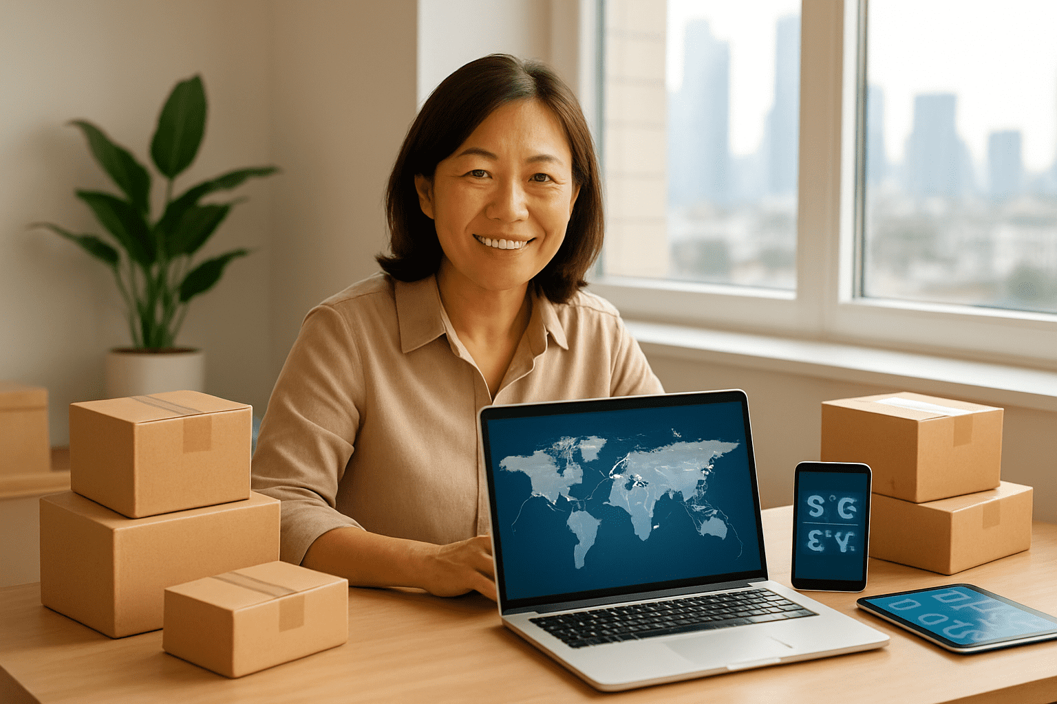 Create a realistic image of a small business owner, a middle-aged Asian female, sitting at a modern desk with a laptop displaying a world map with connected dots representing global shipping routes, surrounded by small product packages ready for international shipping, a smartphone showing different currency symbols, and a tablet with analytics charts, all set in a bright, contemporary office space with a window showing a city skyline in the background, conveying success and global connectivity with warm, natural lighting creating an optimistic and professional atmosphere, absolutely NO text should be in the scene.