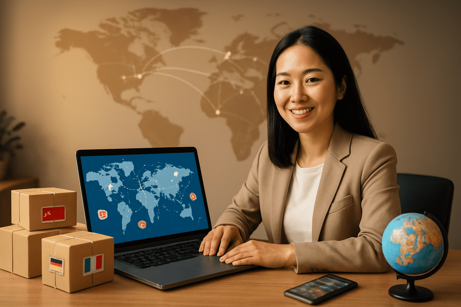 Create a realistic image of a small business owner, an Asian female entrepreneur in her 30s, sitting at a modern desk with a laptop showing global shipping routes and international commerce icons on the screen, surrounded by small product packages with different country shipping labels, a world map on the wall behind her with connecting lines between countries, warm office lighting creating a professional and optimistic atmosphere, with a smartphone displaying currency exchange rates and a small globe on the desk, conveying the concept of international business expansion and global market opportunities, absolutely NO text should be in the scene.
