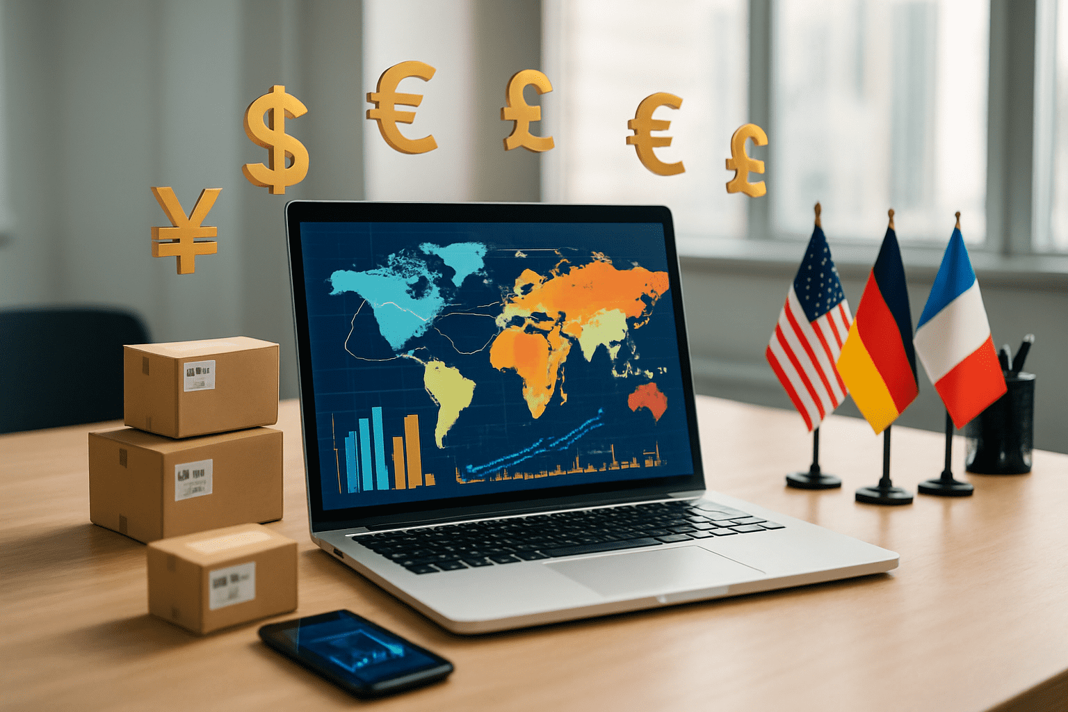 Create a realistic image of a modern office desk scene showing international business expansion with a laptop displaying global market analytics, colorful world map with connecting lines between continents, small packages with international shipping labels, multiple currency symbols floating above the workspace, a smartphone showing growth charts, and miniature flags from different countries arranged around the desk, bright natural lighting from a window, professional and optimistic atmosphere, absolutely NO text should be in the scene.