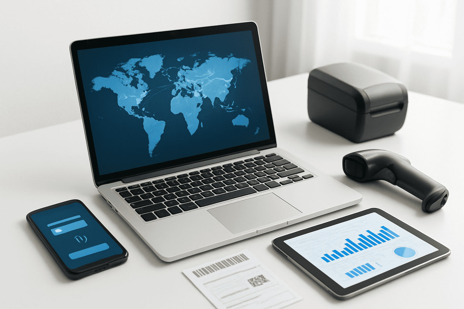 Create a realistic image of a modern workspace showing essential e-commerce technologies with a laptop displaying a global map with interconnected shipping routes, surrounded by a smartphone showing payment interfaces, a tablet with analytics charts, and various technological devices like barcode scanners and shipping labels, all arranged on a clean white desk with soft natural lighting from a window, creating a professional and organized atmosphere that represents digital commerce tools for international business. Absolutely NO text should be in the scene.