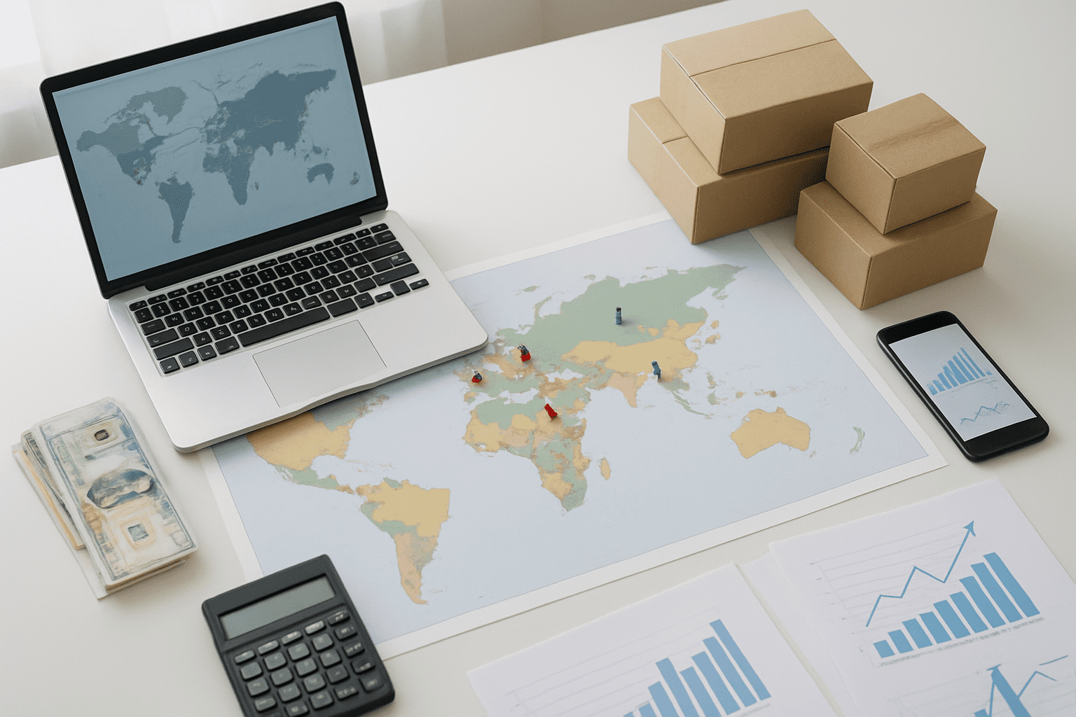 Create a realistic image of a modern office desk viewed from above showing a world map with colorful pushpins marking different countries, surrounded by a laptop displaying shipping routes, stacks of international currency from various countries, a calculator, shipping boxes in different sizes, a smartphone showing analytics charts, and scattered business documents with graphs showing upward trends, all arranged on a clean white desk surface with soft natural lighting from a window, conveying a professional and organized atmosphere of international business planning, absolutely NO text should be in the scene.