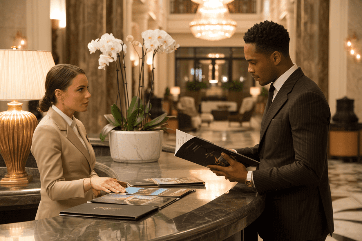 Create a realistic image of an elegant hotel concierge desk scene with a well-dressed white female travel advisor consulting with a sophisticated black male client over luxury travel brochures and planning materials, featuring marble surfaces, golden accents, fresh orchids, soft warm lighting from crystal chandeliers, with glimpses of opulent hotel lobby architecture in the blurred background including plush seating areas and grand columns, conveying an atmosphere of exclusive luxury travel planning and personalized service, absolutely NO text should be in the scene.