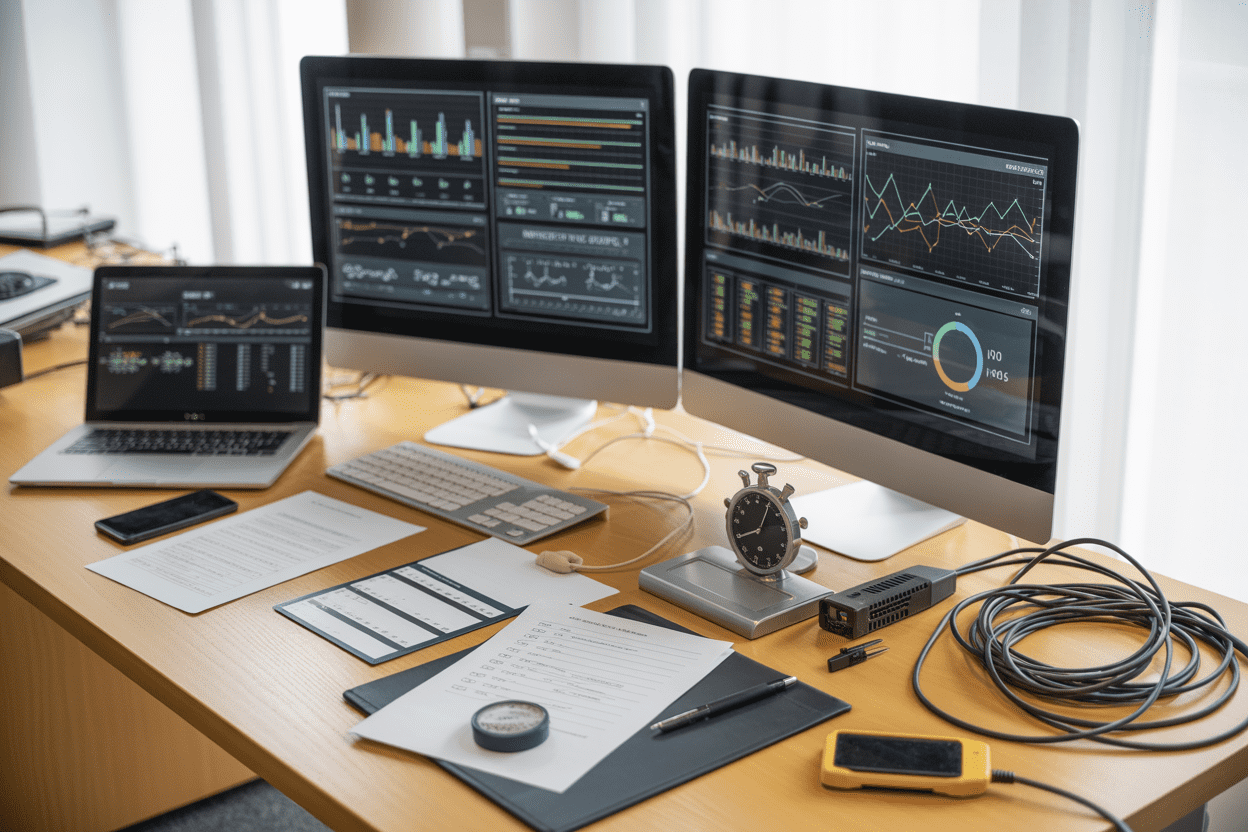 Create a realistic image of a modern office desk setup with multiple computer monitors displaying colorful performance graphs, charts, and analytics dashboards, a sleek laptop with server monitoring interfaces, scattered technical documents and checklists, a stopwatch and measuring tools, ethernet cables and networking equipment, set against a clean white background with soft natural lighting from the side, creating a professional atmosphere focused on technical evaluation and performance testing. Absolutely NO text should be in the scene.