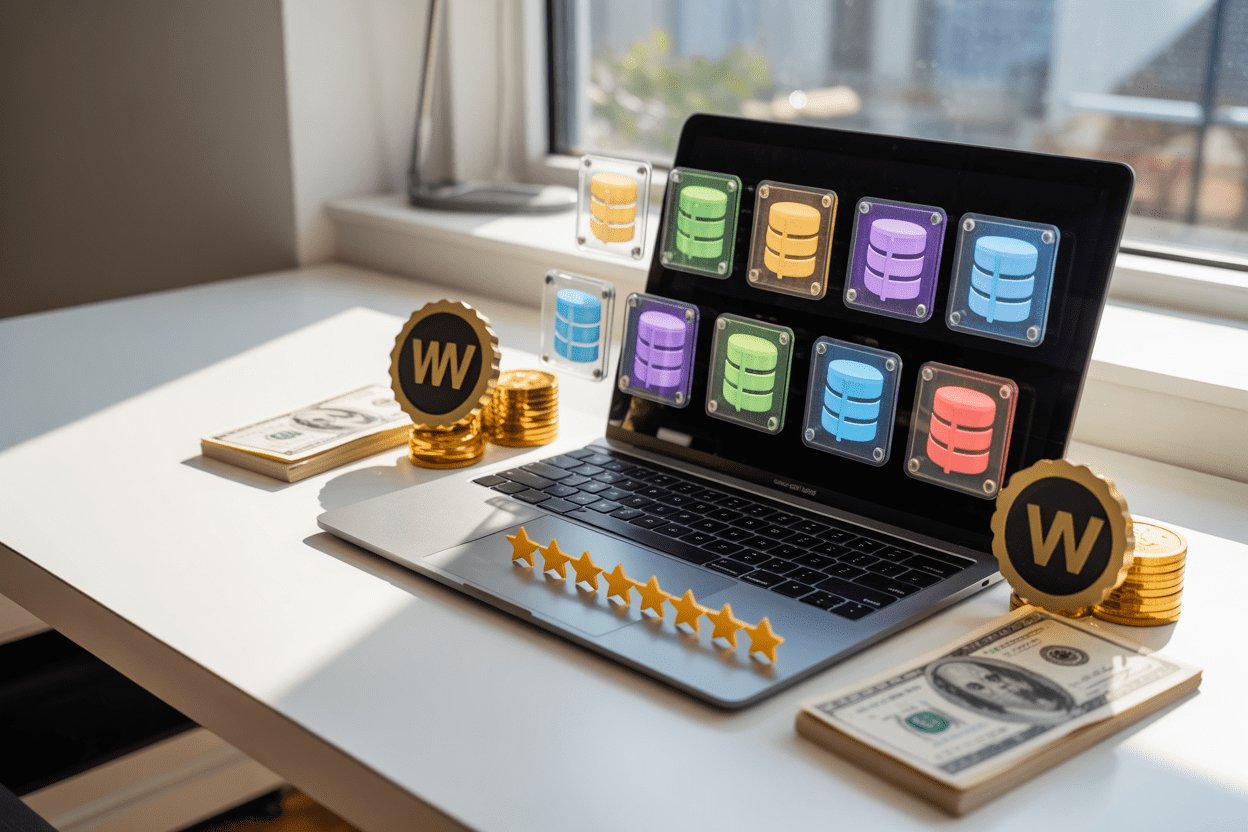 Create a realistic image of a modern desktop setup showing a sleek laptop computer with multiple colorful server icons floating above the screen, golden coins and dollar bills scattered around the workspace alongside premium quality badges and five-star rating symbols, set against a clean white desk with soft natural lighting from a nearby window, conveying an atmosphere of value and excellence in web hosting services, Absolutely NO text should be in the scene.