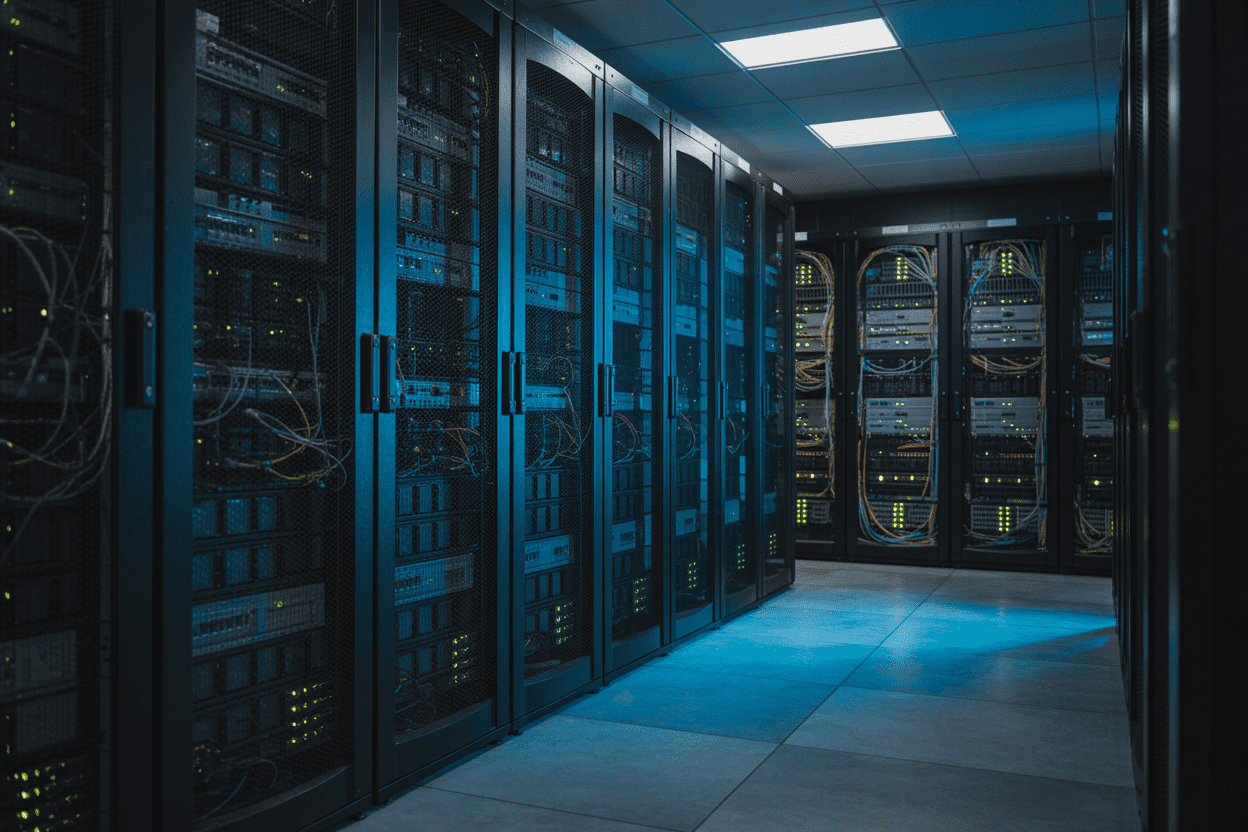 Create a realistic image of a modern data center with multiple towering server racks filled with blinking LED lights in blue and green, high-performance network equipment with glowing status indicators, thick ethernet cables neatly organized throughout, a sleek concrete floor with subtle reflections, dramatic ambient lighting with cool blue undertones highlighting the sophisticated technology, conveying a sense of power and reliability for enterprise-level web hosting infrastructure. Absolutely NO text should be in the scene.