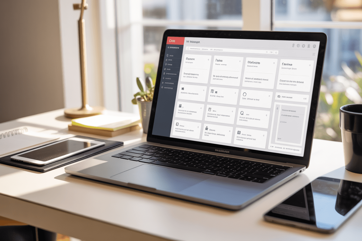 Create a realistic image of a modern digital workspace showing a sleek laptop computer displaying a comprehensive web hosting dashboard with multiple management tools and widgets visible on the screen, surrounded by complementary business elements including a smartphone, tablet, notepad, and coffee cup arranged on a clean white desk, with soft natural lighting from a window creating a professional and organized atmosphere that conveys efficiency and complete website management capabilities, absolutely NO text should be in the scene.