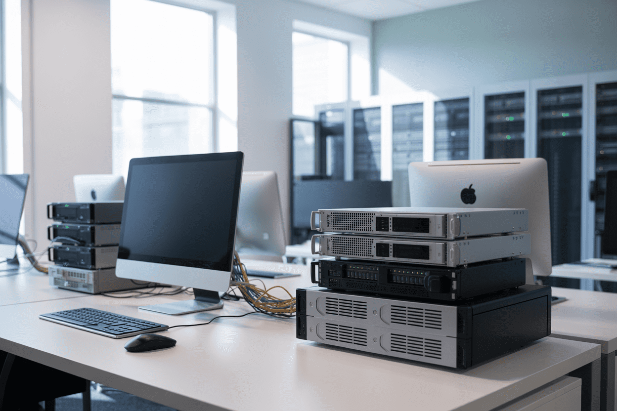 Create a realistic image of a modern office workspace showing diverse hosting solutions with multiple computer servers of different sizes and configurations, including compact servers, rack-mounted units, and cloud infrastructure equipment, arranged on clean white desks and server racks, with colorful ethernet cables connecting various specialized hardware components, soft natural lighting from large windows creating a professional technology environment, cool blue and white color scheme suggesting reliability and innovation, absolutely NO text should be in the scene.