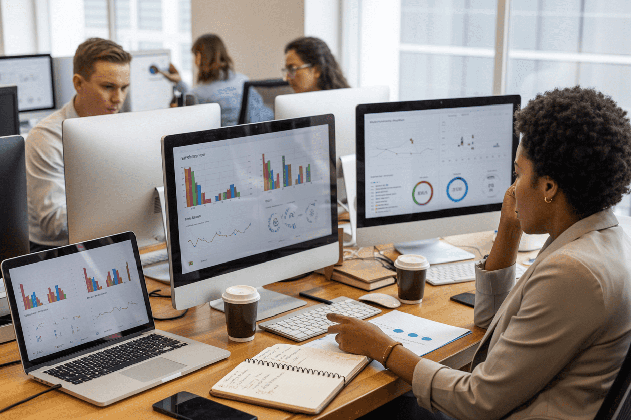 Create a realistic image of a modern office workspace with multiple computer monitors displaying colorful performance graphs, speed test results, and website analytics dashboards, featuring a diverse group of people including a white male and black female web developers analyzing data on their screens, with laptops, notebooks with handwritten performance metrics, and coffee cups scattered on a clean wooden desk, bright natural lighting from large windows, professional and focused atmosphere, absolutely NO text should be in the scene.
