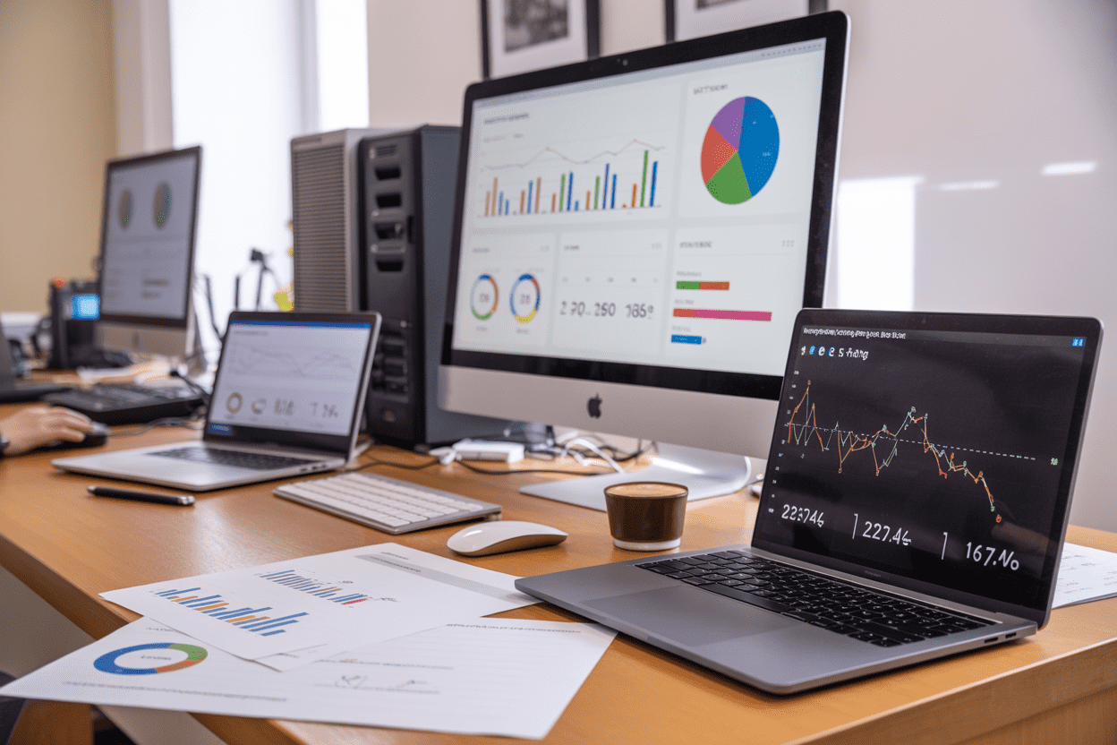 Create a realistic image of a modern office desk setup with multiple computer monitors displaying colorful website performance dashboards and analytics graphs, a sleek laptop showing server uptime statistics, scattered professional documents with charts and ratings, a coffee cup, and networking equipment like routers in the background, all arranged in a clean workspace with soft natural lighting from a window, conveying a sense of successful completion and professional web hosting evaluation, absolutely NO text should be in the scene.