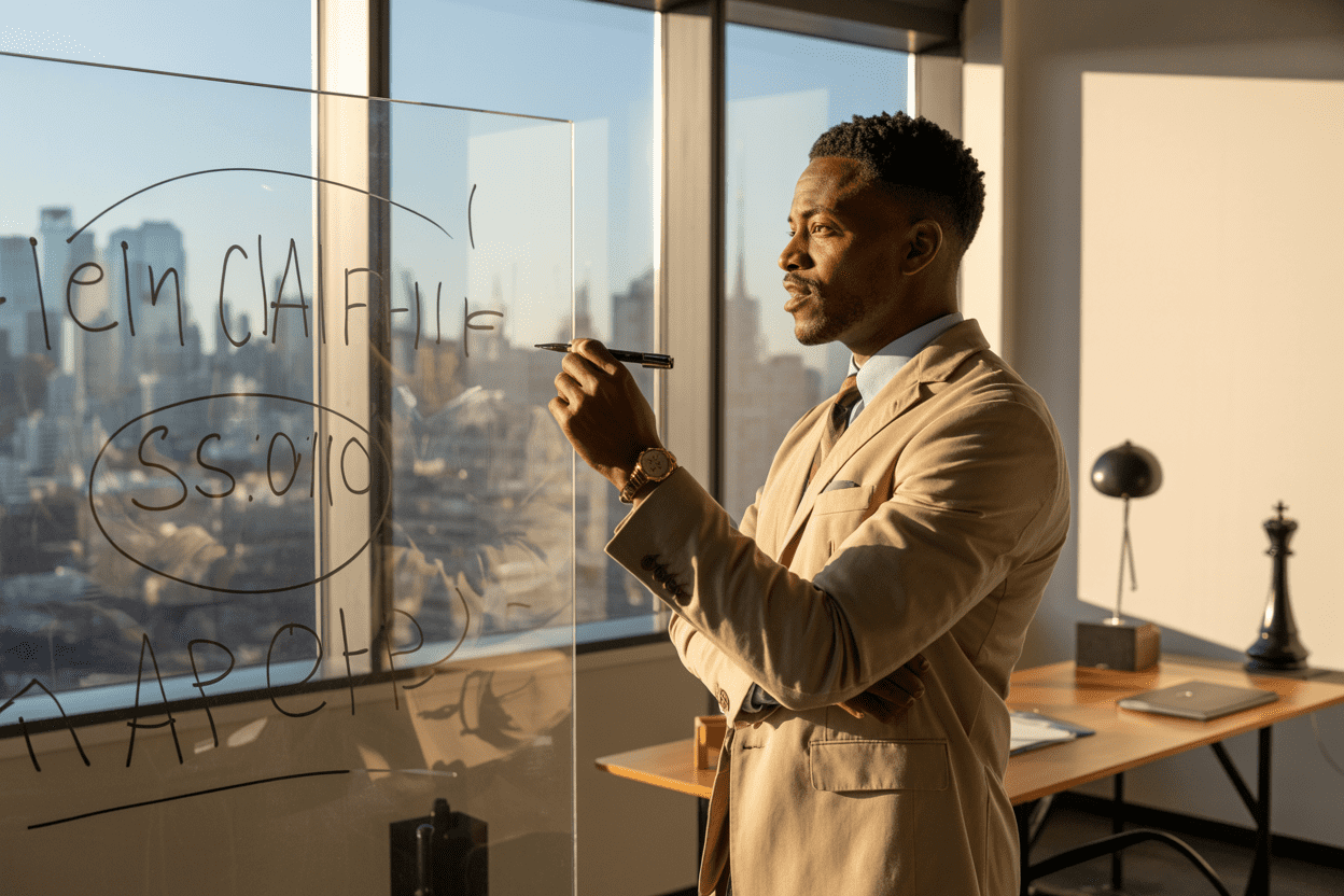 Create a realistic image of a confident black male leader standing at a large window overlooking a city skyline, with a thoughtful and reflective expression, holding a pen and looking at a clean glass board with strategic diagrams drawn on it, symbolizing clear decision-making and mental clarity, the room is a modern minimalist office with warm natural light streaming in, creating an atmosphere of insight, focus, and empowerment, the overall mood is calm, decisive, and forward-thinking, with subtle visual elements like a chess piece on the desk suggesting strategic thinking. Absolutely NO text should be in the scene.