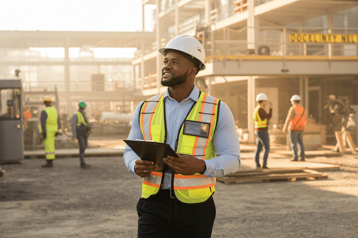 Create a realistic image of a confident black male HSE professional in a hard hat and safety vest standing at a construction site, holding a clipboard and looking forward with a sense of accomplishment, with a well-organized industrial facility in the background featuring safety signage and workers in protective gear, warm golden-hour lighting casting an optimistic and motivating atmosphere, symbolizing a successful career journey in health, safety, and environment. Absolutely NO text should be in the scene.